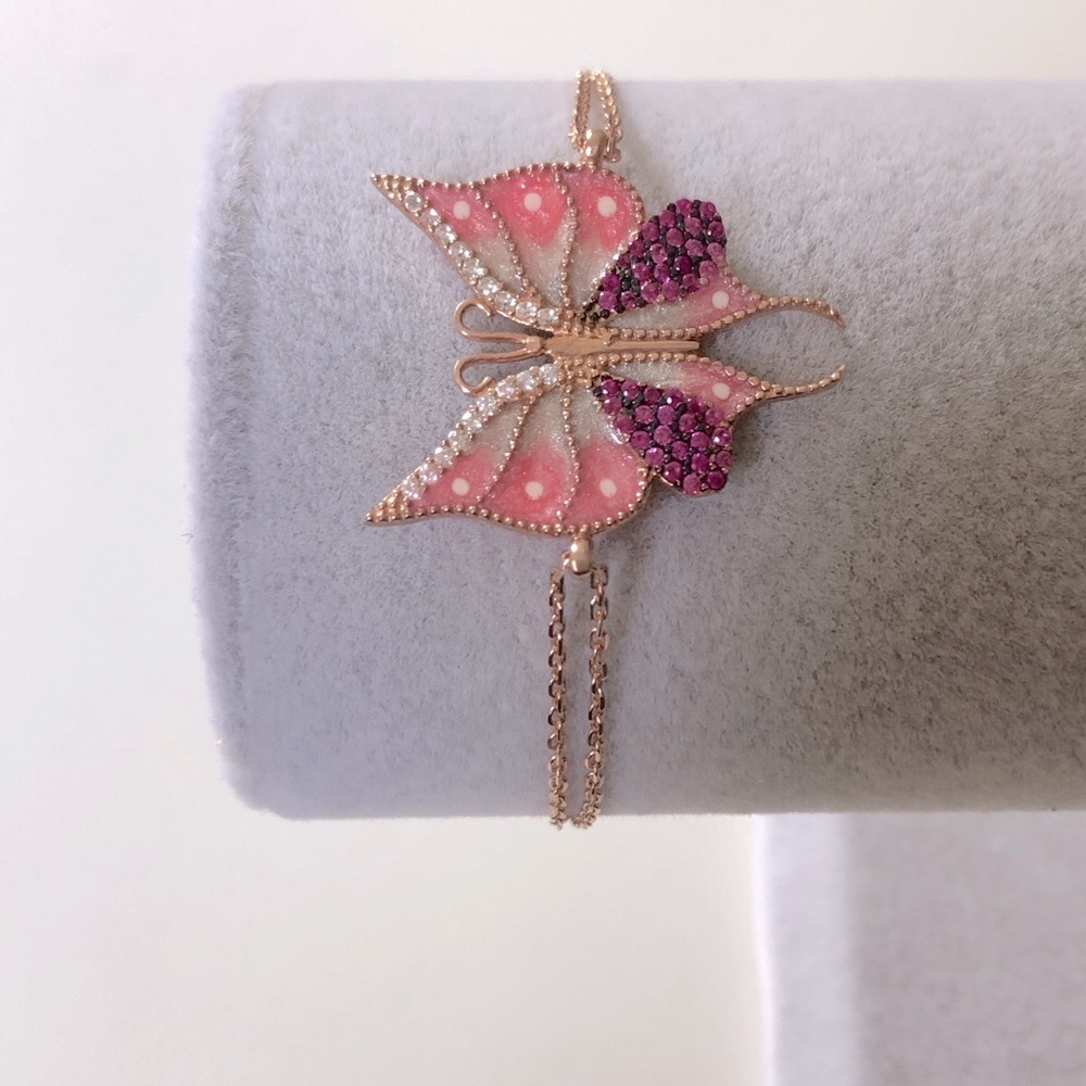 Bracelet handmade 925 silver pink butterfly enamel - Picture 3 of 3